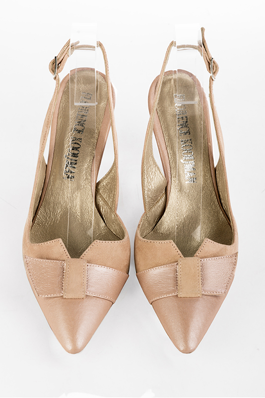 Powder pink women's open back shoes, with a knot. Tapered toe. High spool heels. Top view - Florence KOOIJMAN